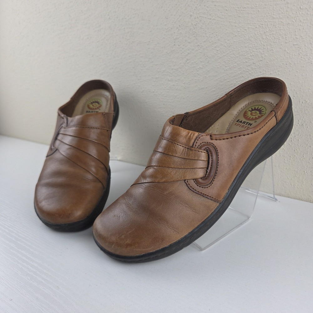 Earth Spirit Jenna Brown Leather slip On Wedge Mule Comfort Shoe Womens Size 6